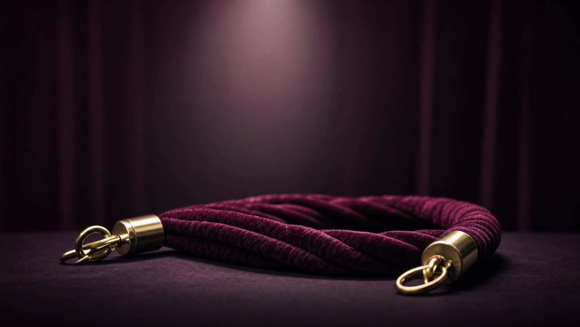 Velvet rope with brass ends under a spotlight